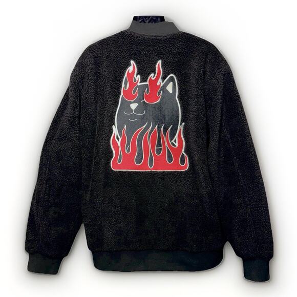 Ripndip Ignite Black Sherpa Jacket XL Pockets Red Lined Kitty Cat Flame Full Zip - Picture 3 of 10